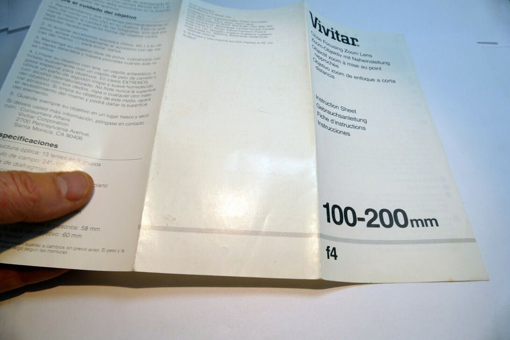 Vivitar 100-200mm f4 manual focus lens Instruction Owner's Sheet  Guide