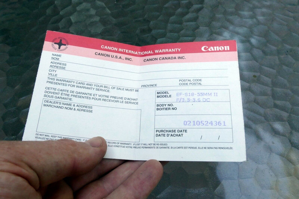 Canon EF-S 18-55mm f3.5-5.6 II DC Lens warranty booklet vintage card