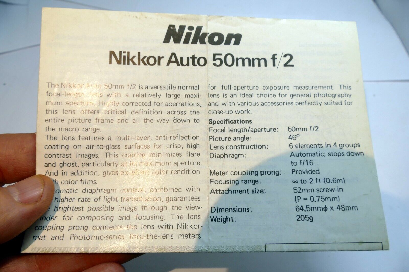Nikon Auto Nikkor 50mm f2 Non Ai F lens instruction manual guide English