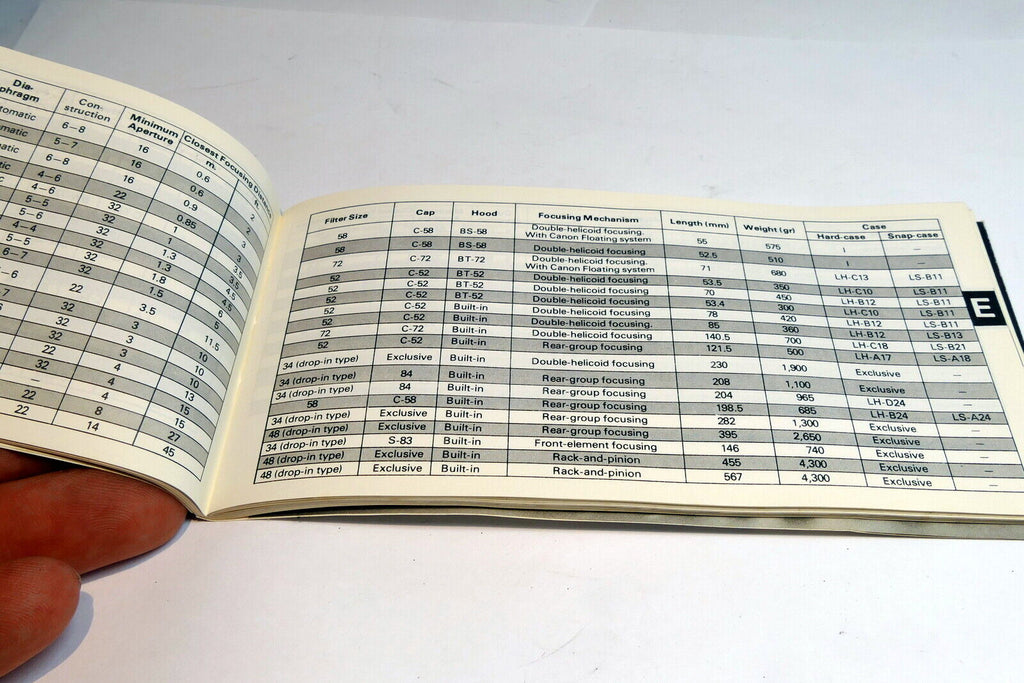 Canon FD camera Brochure Instructions Chart Guide English E