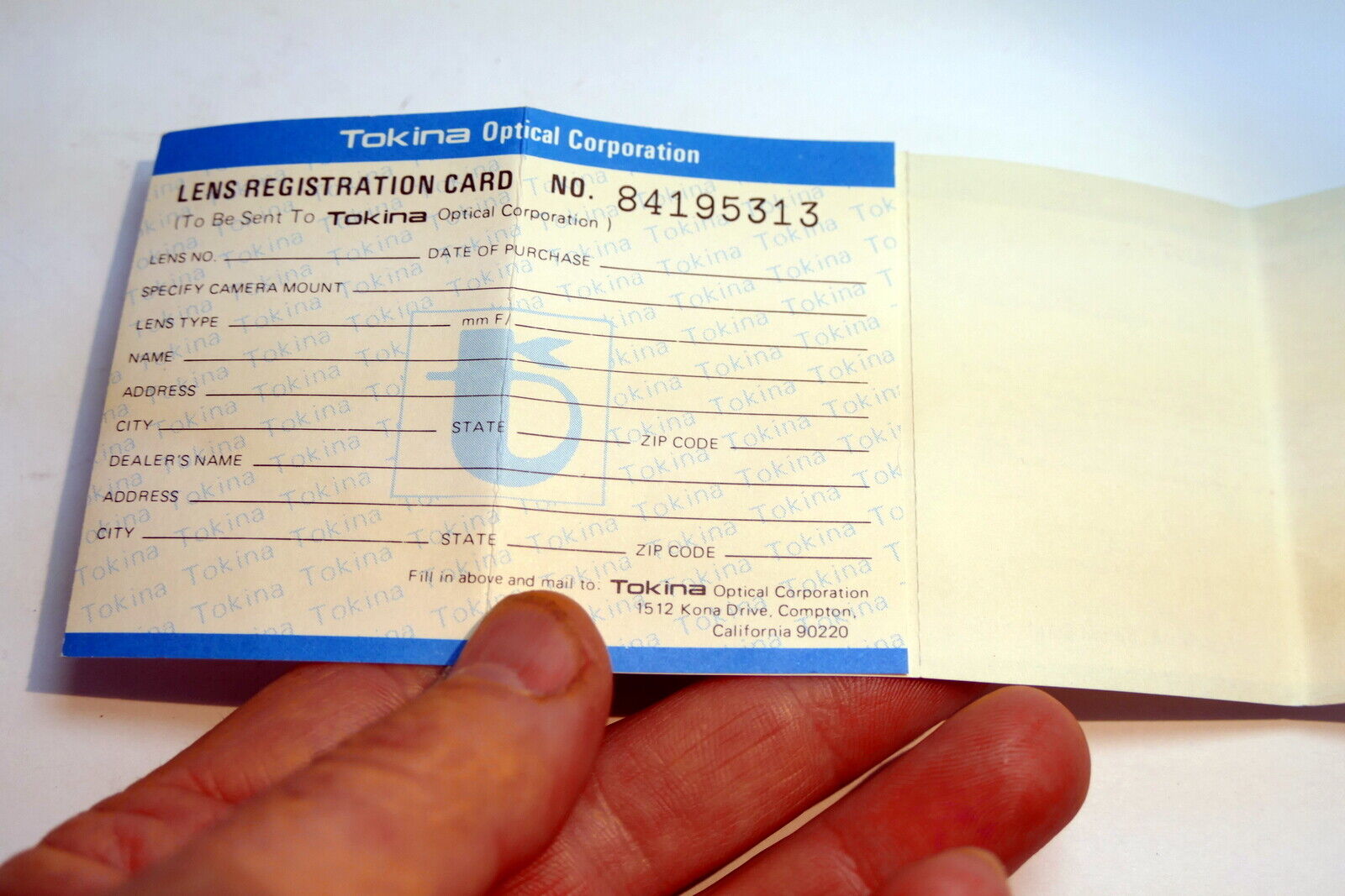 Tokina Lens Registration Card vintage  1980's