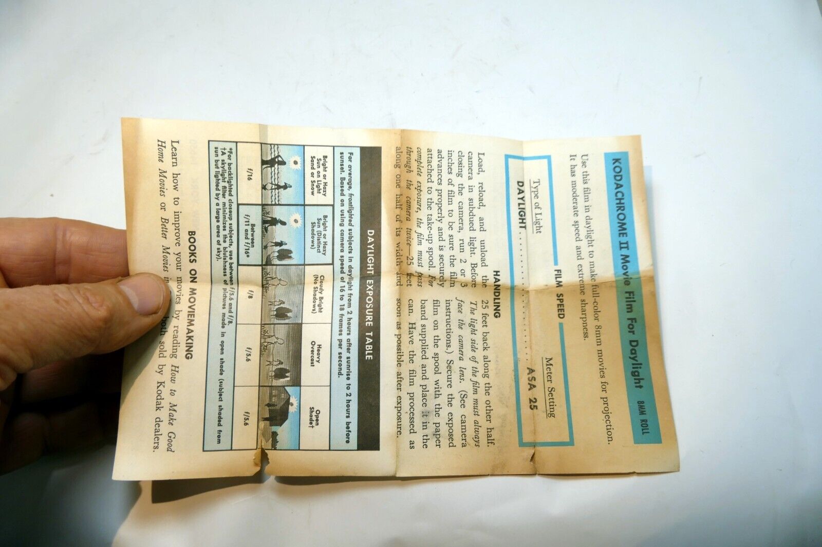 Kodak Kodachrome II Movie film Daylight 8mm ASA 25 exposure table guide