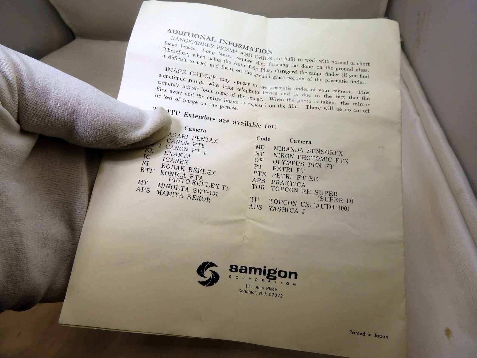 Samigon 2X Tele Lens ATP Extender Instruction  Manual Guide