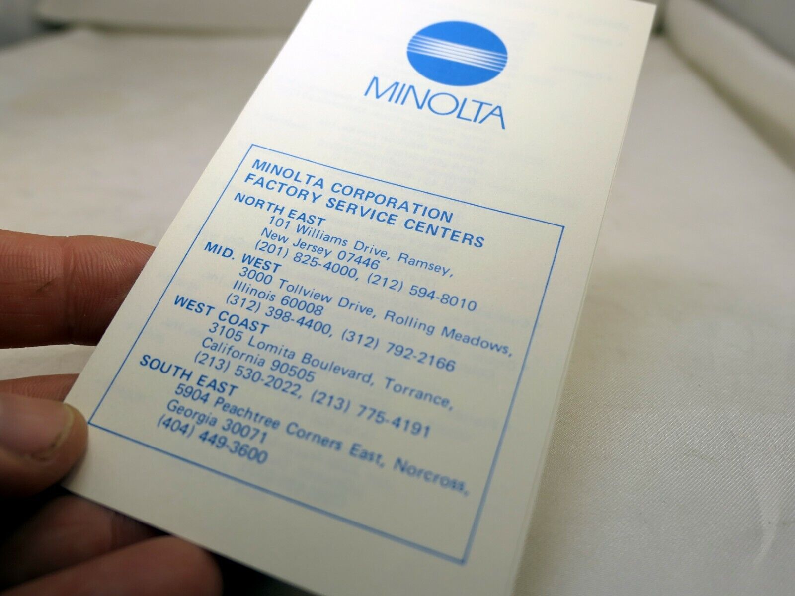 MINOLTA Corporation Factory Service Centers  USA 1990's