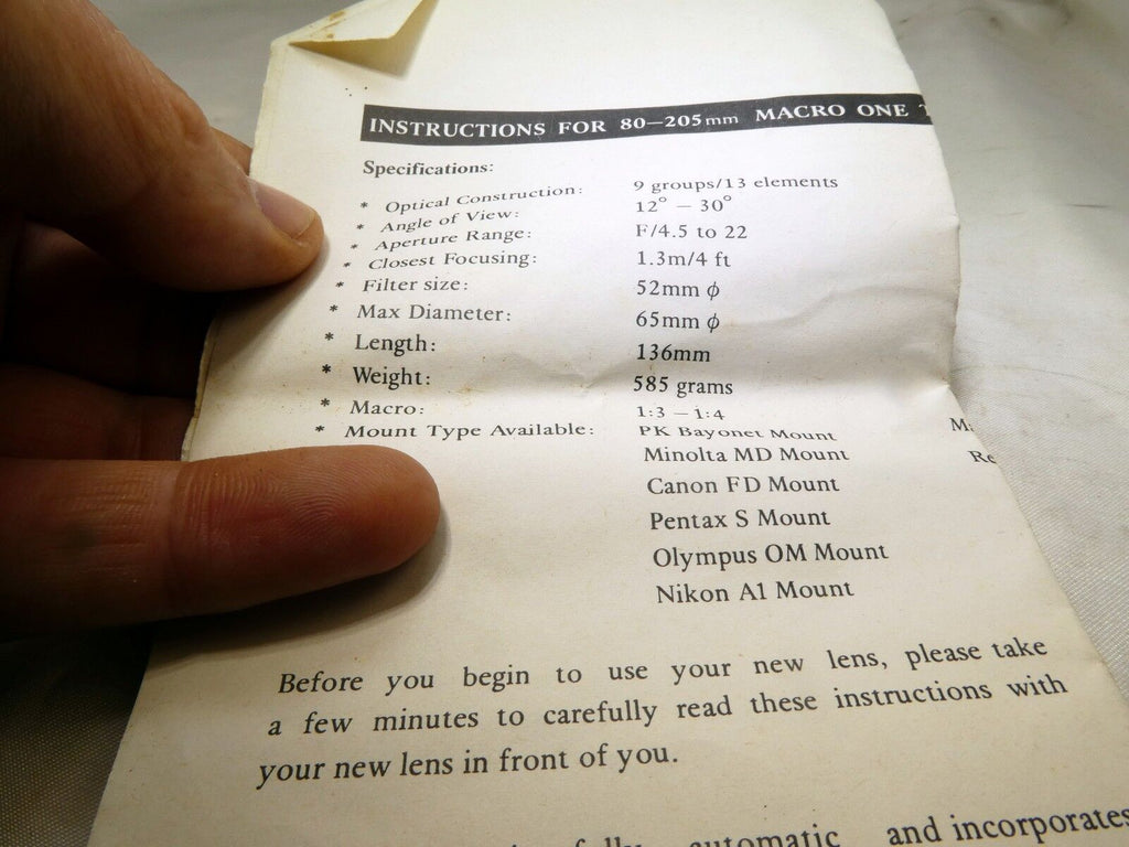Instructions for 80-205MM F/4.5 LENS macro touch manual guide