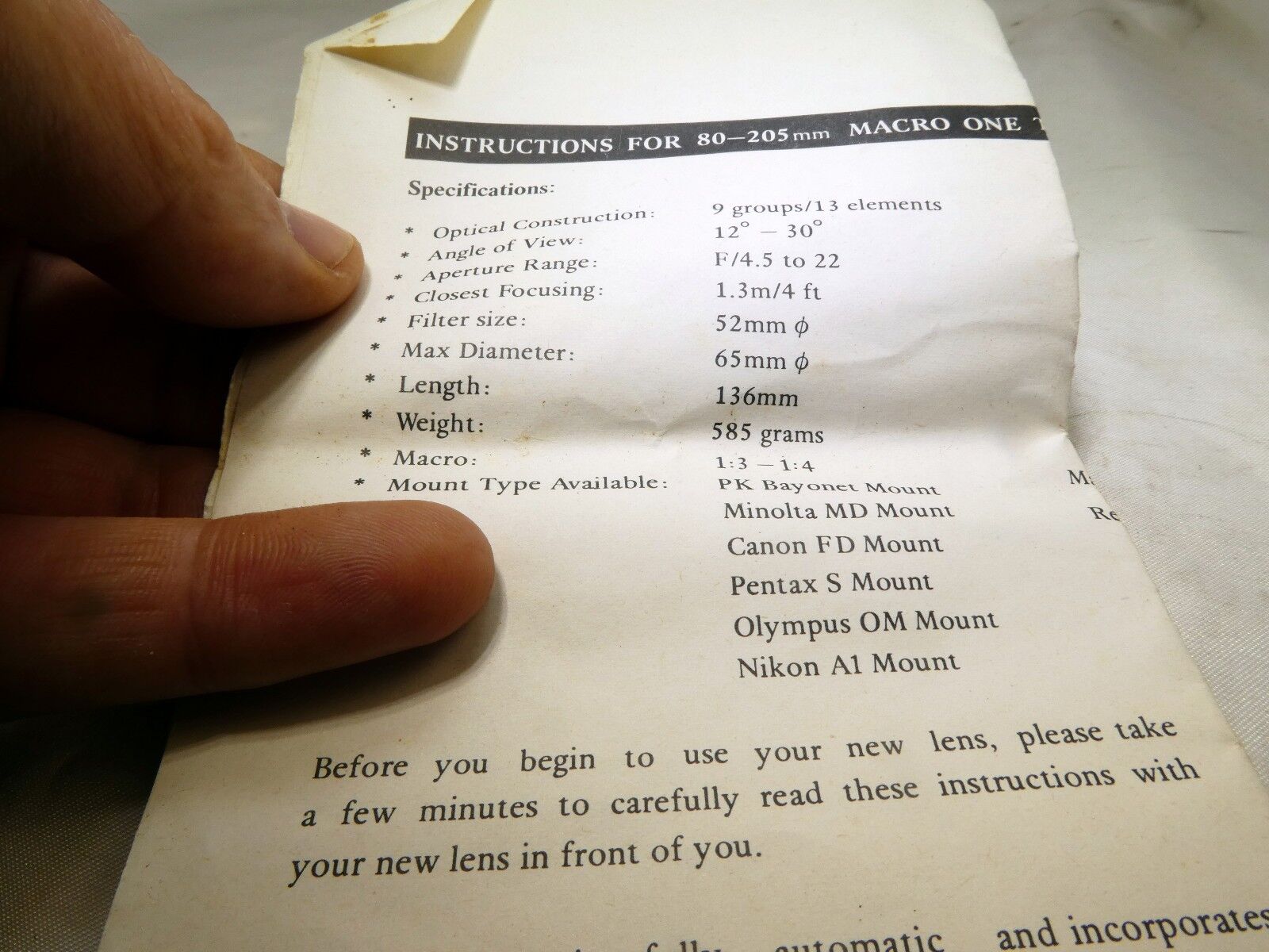 Instructions for 80-205MM F/4.5 LENS macro touch manual guide