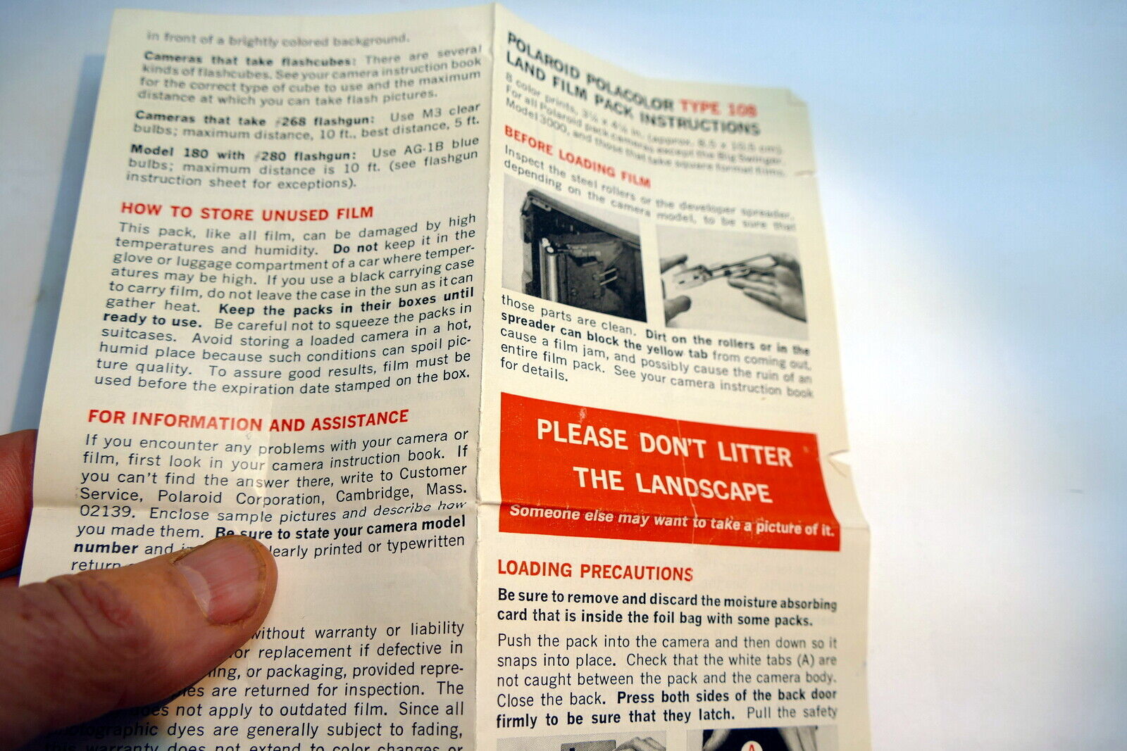 Brochure for Polaroid Type 108 Land film 3 1/4 X 4 1/2 " pack instructions