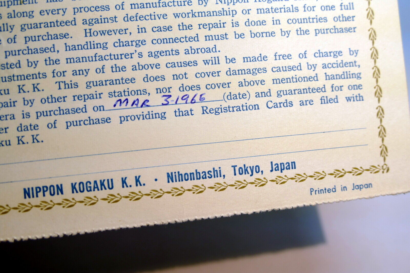 Nikon warranty card 1965 model Nikkorex-F vintage