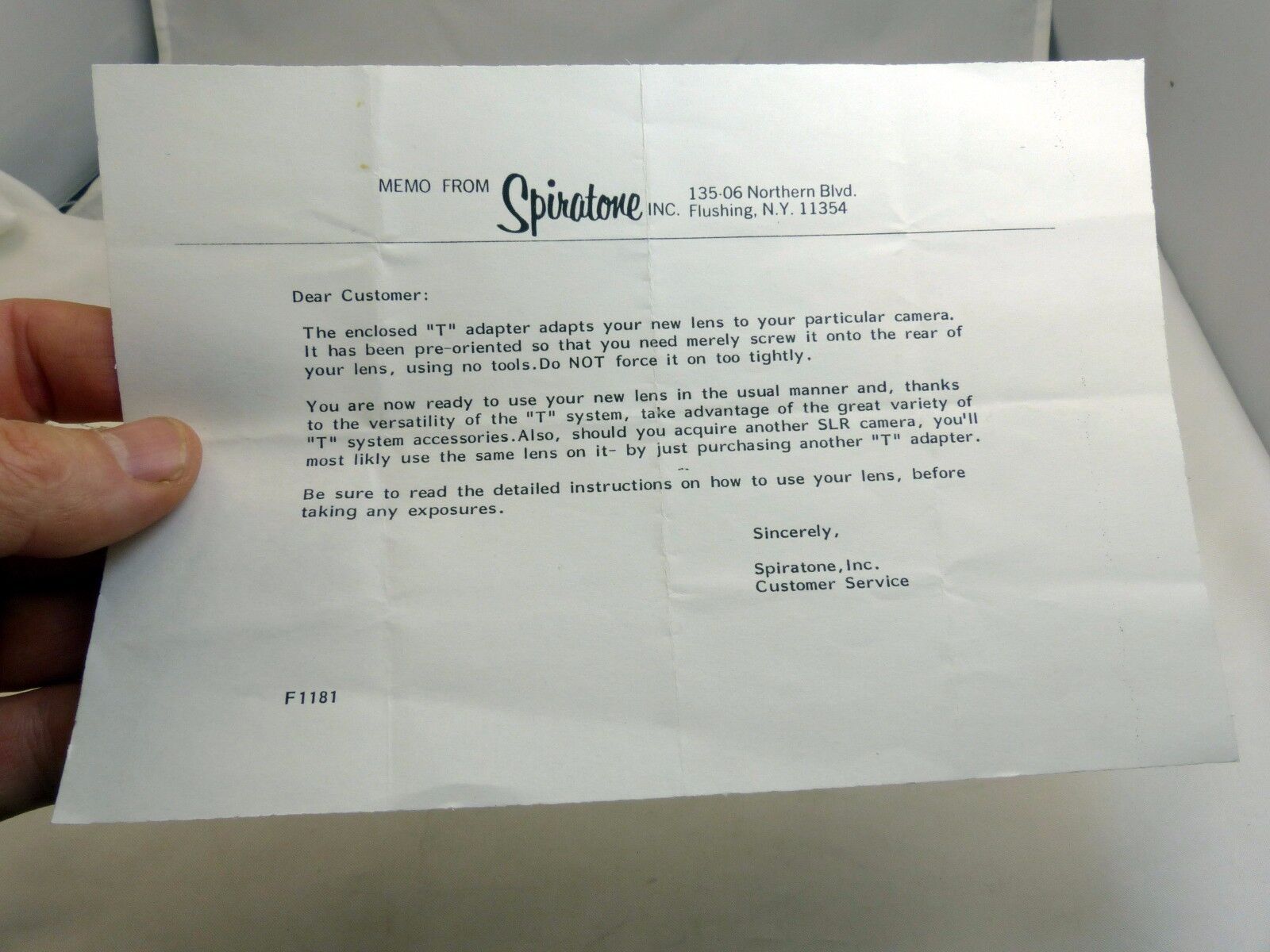Memo from Stiratone for customer "T' Lens adapters English 1950's