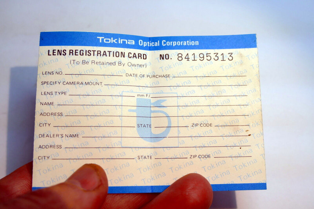 Tokina Lens Registration Card vintage  1980's
