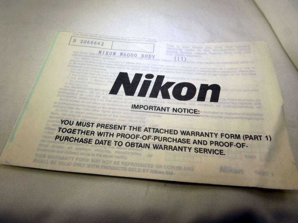 Nikon vintage warranty card (expired) for N6000  camera  EN