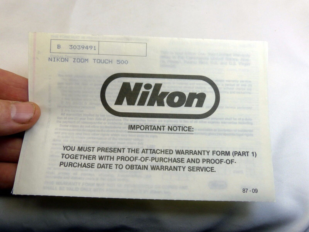 Nikon zoom touch 500 camera Sure Shot  warranty card vintage