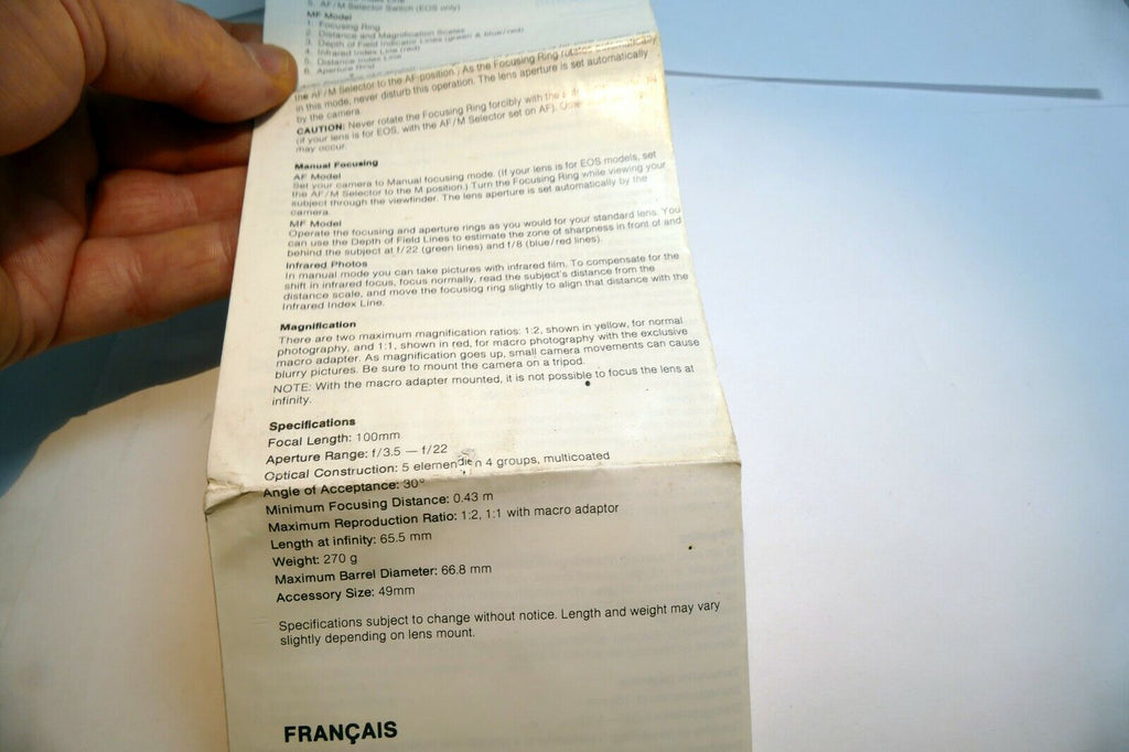 Vivitar 100mm f3.5 Macro AF 1:1  lens Instruction Owner's Sheet  Guide