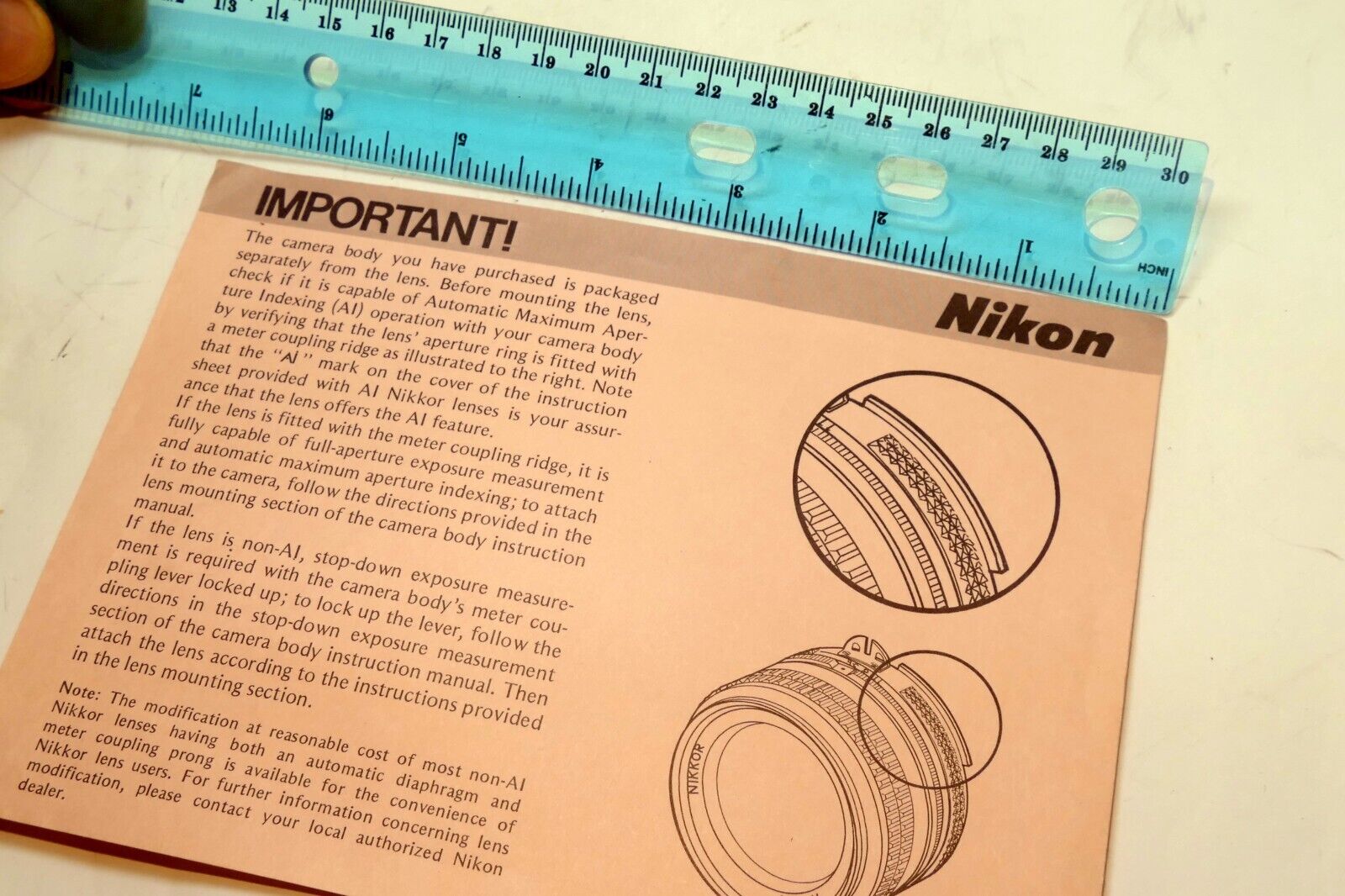 Nikon card for Ai coupling guide  for F camera Non Ai
