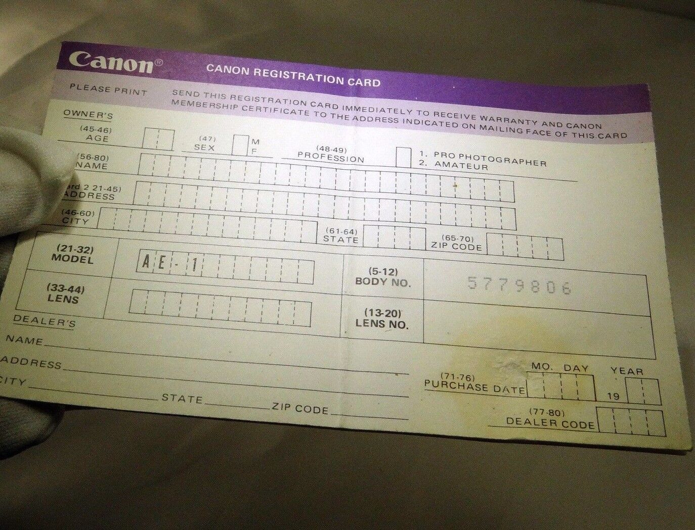 Canon AE-1 camera  Registration Card Owners record  1970's  vintage