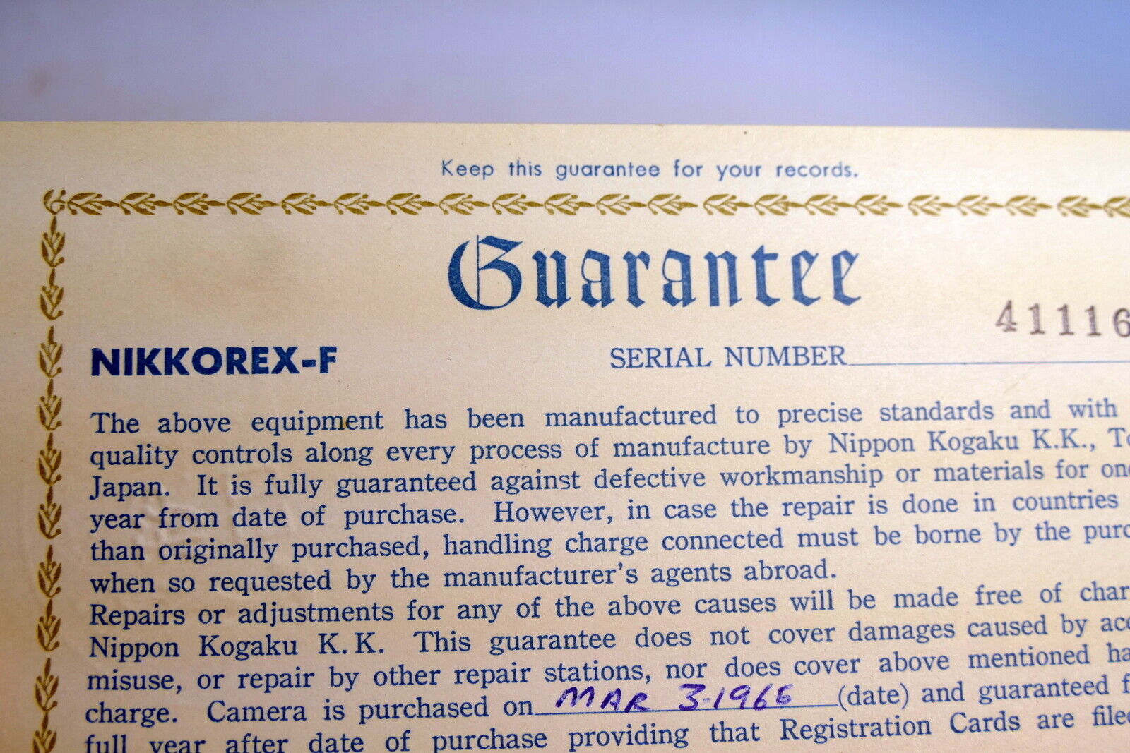 Nikon warranty card 1965 model Nikkorex-F vintage