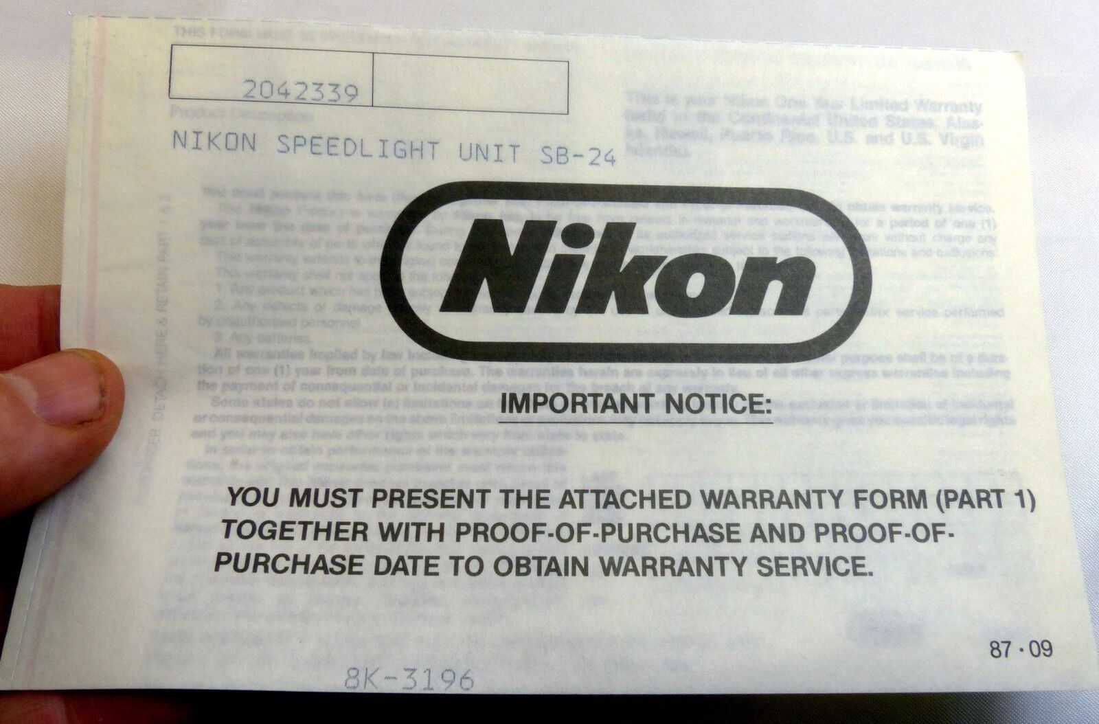 Nikon Speedlight unit SB-24 Flash  warranty card vintage