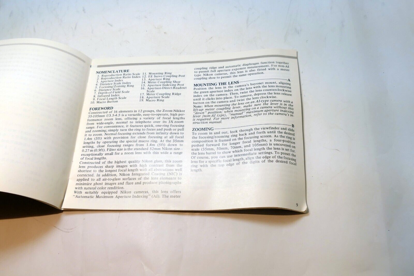 Nikon Zoom Nikkor 35-105mm f3.5-4.5 Ai-s LENS Instruction Guide Manual 1985