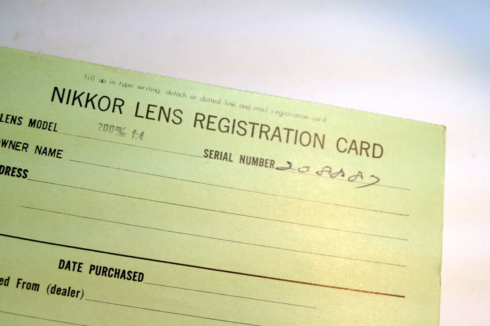 Nikon warranty card 1966 model 200mm f4 lens auto  Nikkor vintage