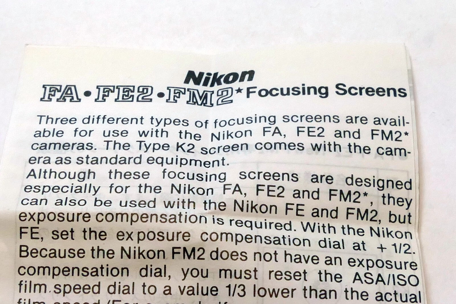 Nikon FA FE2 FM2 Focusing Screen System Brochure Reference Guide camera