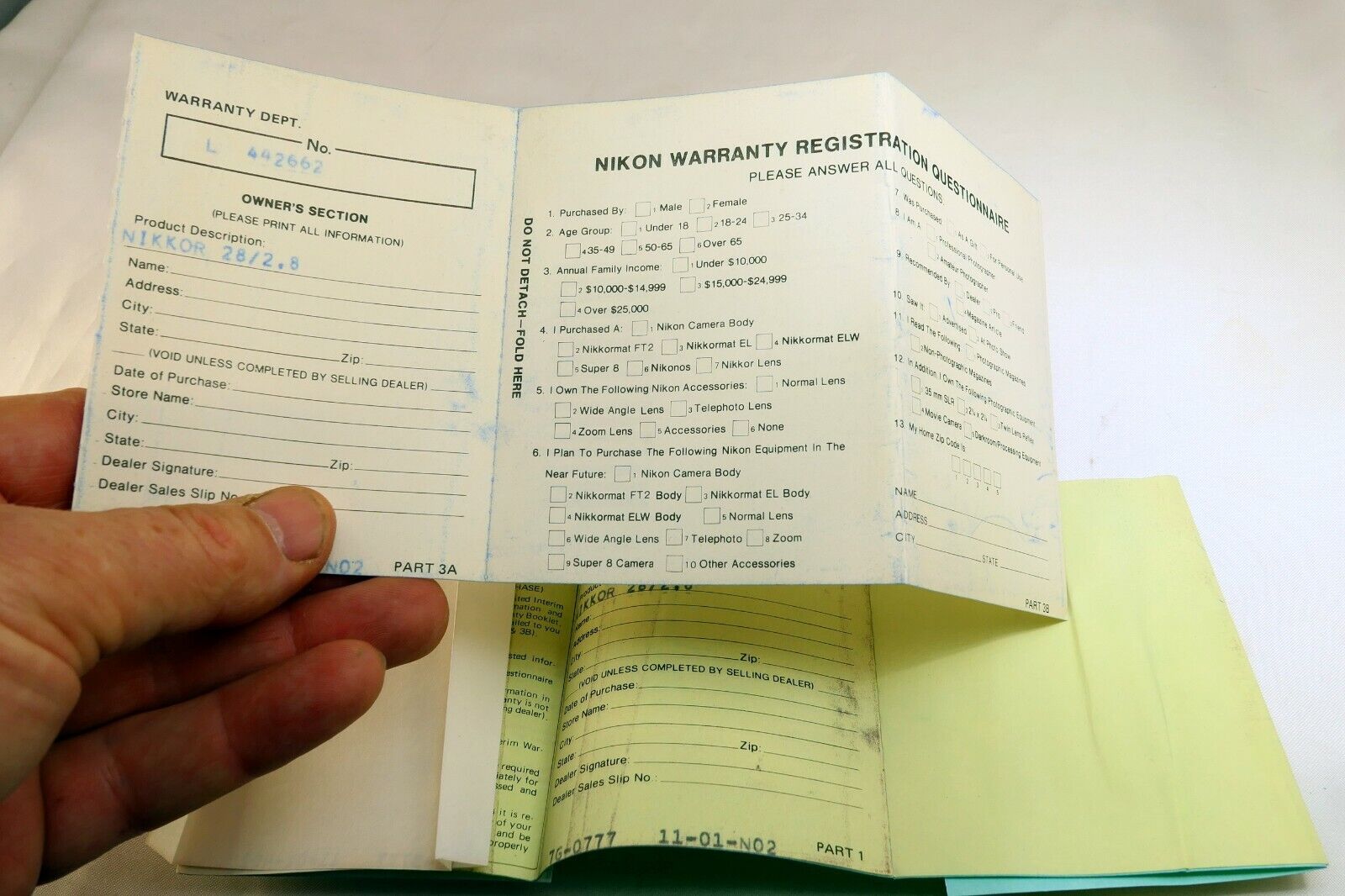 Nikon vintage warranty card (expired) for Nikkor 28mm f2.8 Ai lens 1977