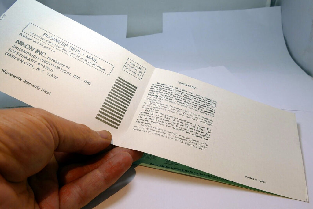 Nikon FE camera registration card 1980 genuine OEM - mint
