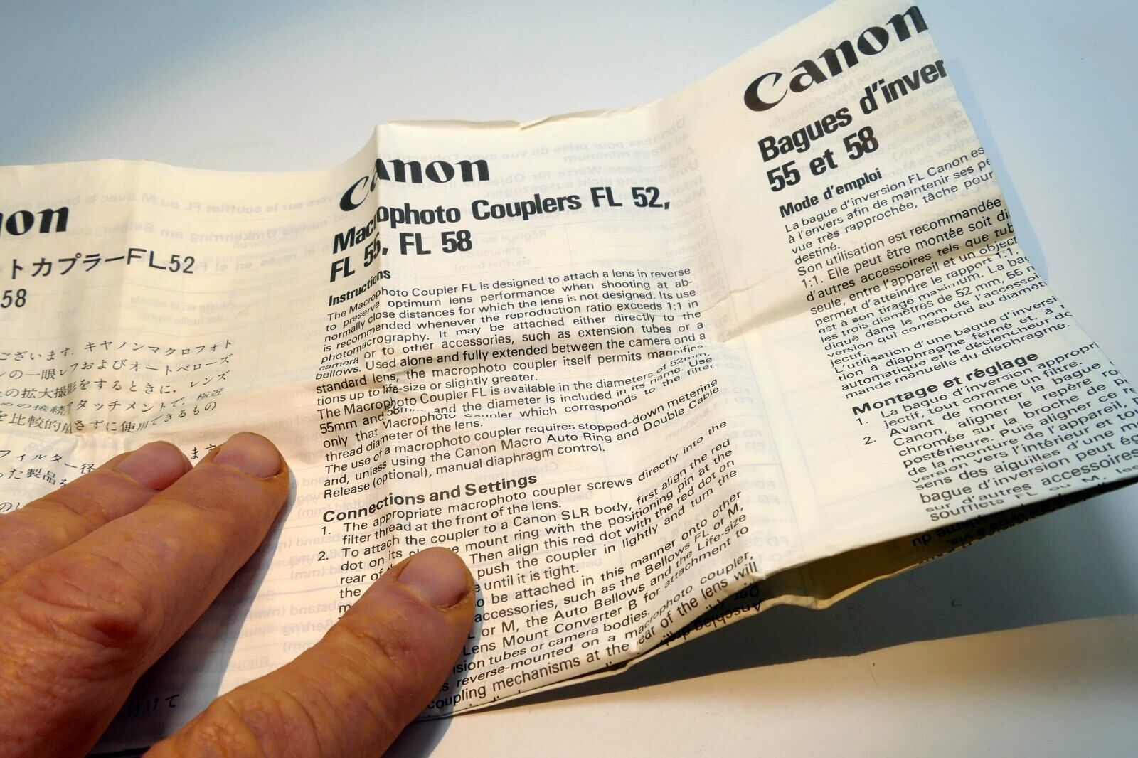 Canon FL 52 FL-55 FL-58 Coupler  Instruction guide manual EN SP GR FR JP