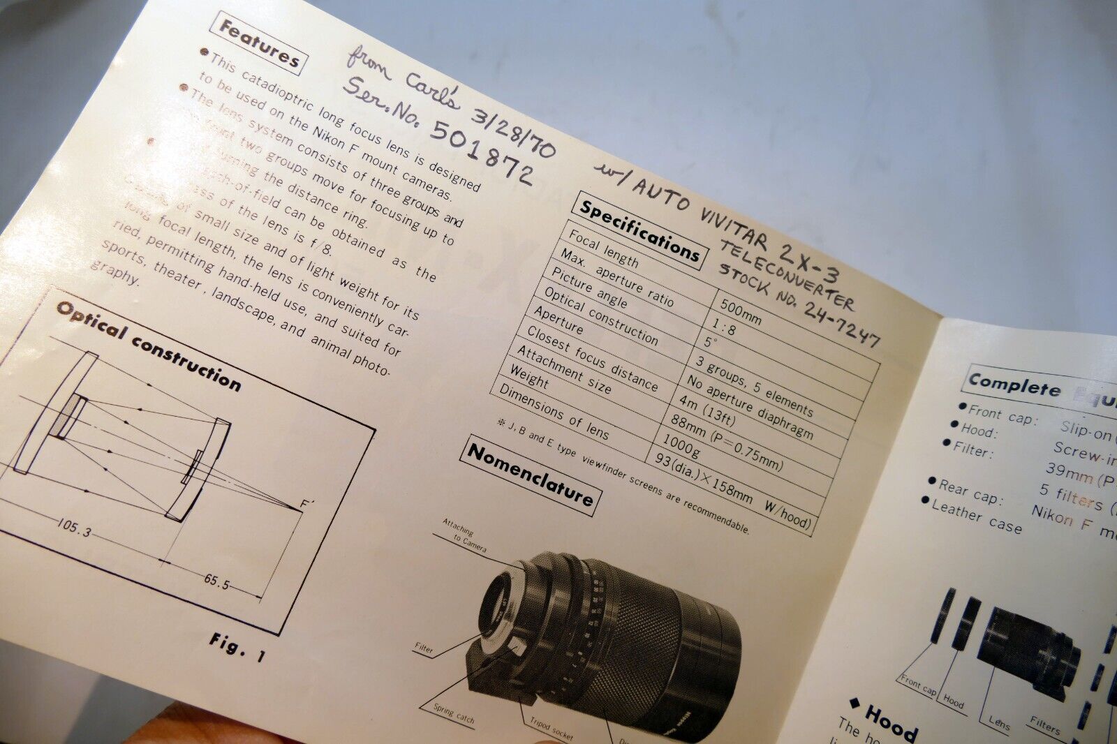Nikon Reflex-Nikkor 500mm f8 CATADIOPTRIC FLENS Instruction Guide Manual