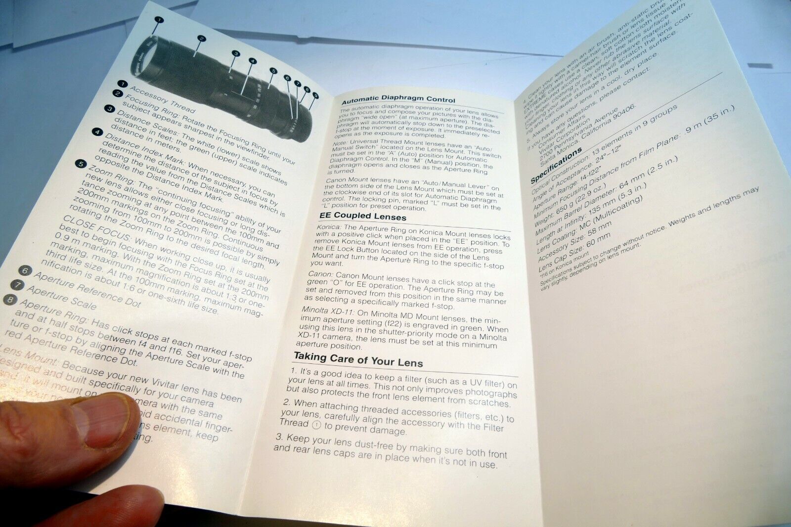 Vivitar 100-200mm f4 manual focus lens Instruction Owner's Sheet  Guide