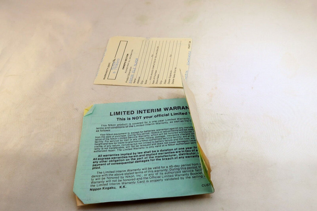 Nikon vintage warranty card (expired) for Nikkor 50mm f1.4 Non  Ai lens 1977
