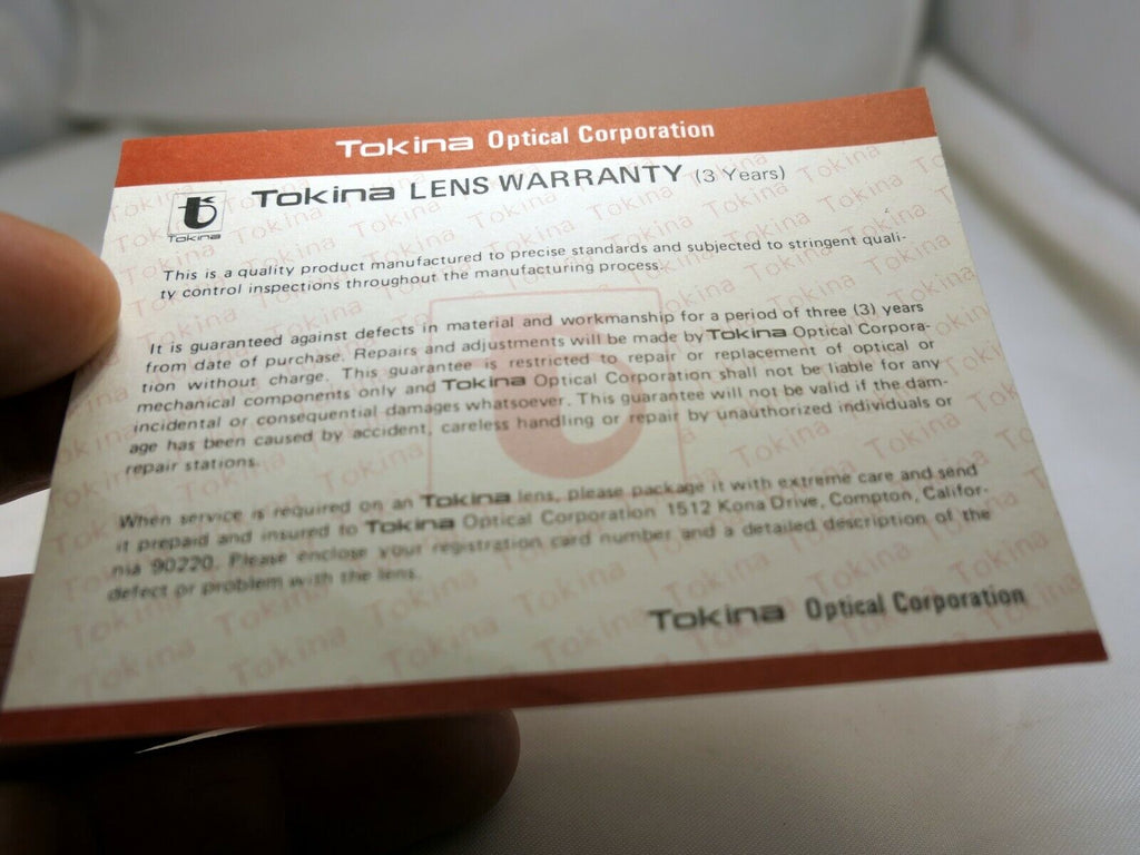 Tokina lens warranty card for  Konika 80-200mm f4.5