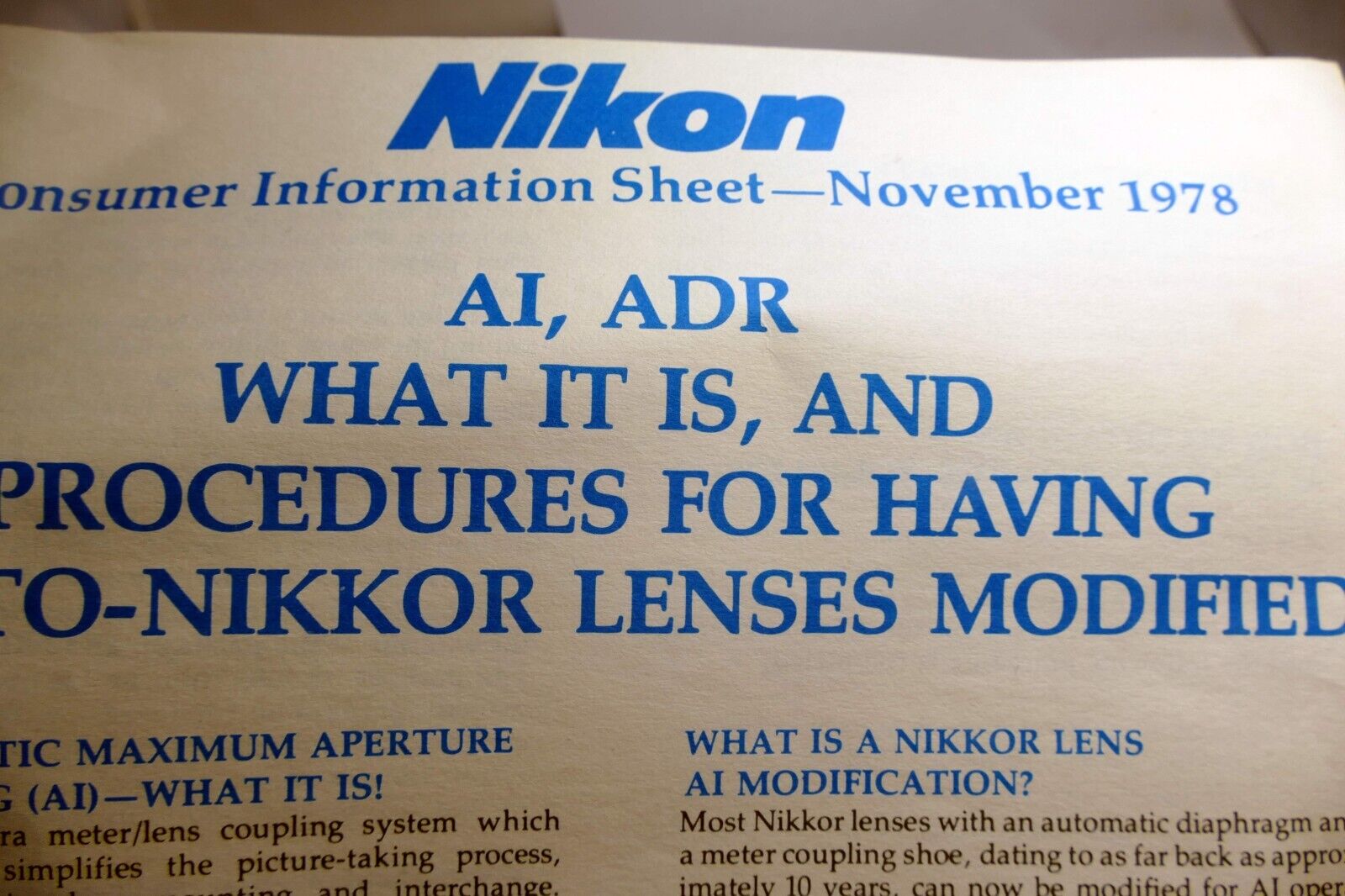 NIKON CONSUMER INFORMATION SHEET MAY 1979 NIKKOR LENS Ai modification Brochure