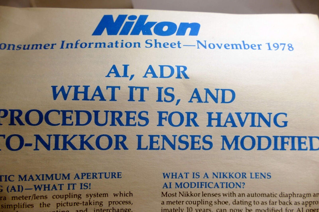 NIKON CONSUMER INFORMATION SHEET MAY 1979 NIKKOR LENS Ai modification Brochure