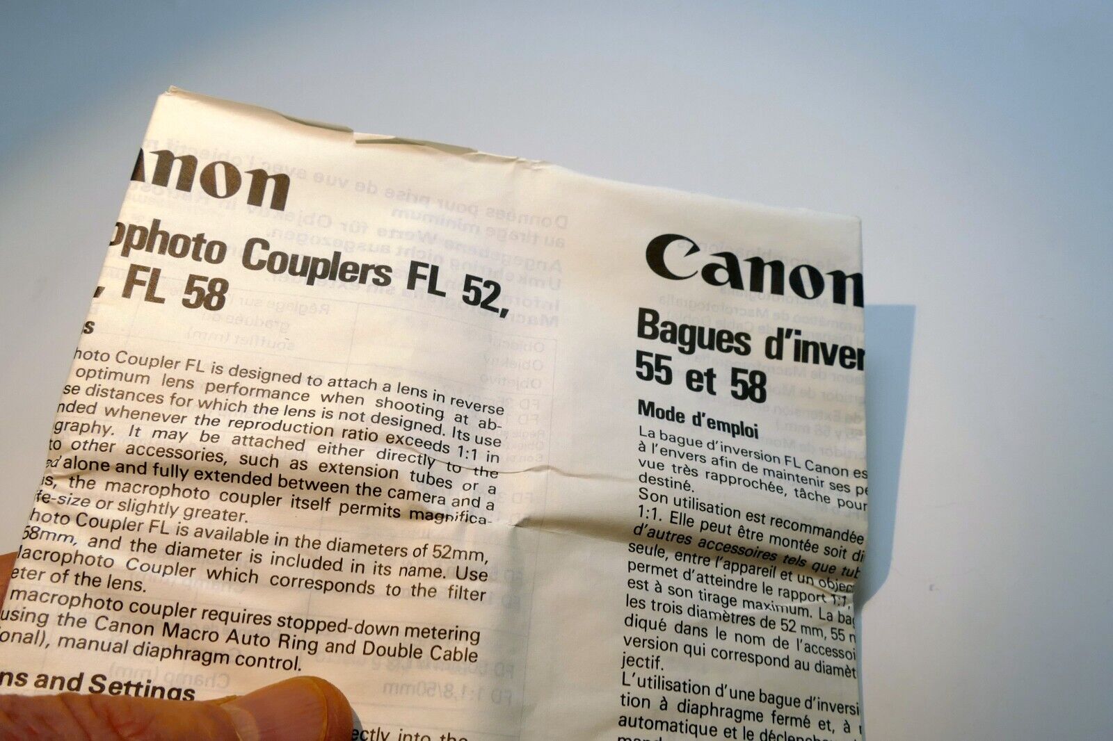 Canon FL 52 FL-55 FL-58 Coupler  Instruction guide manual EN SP GR FR JP