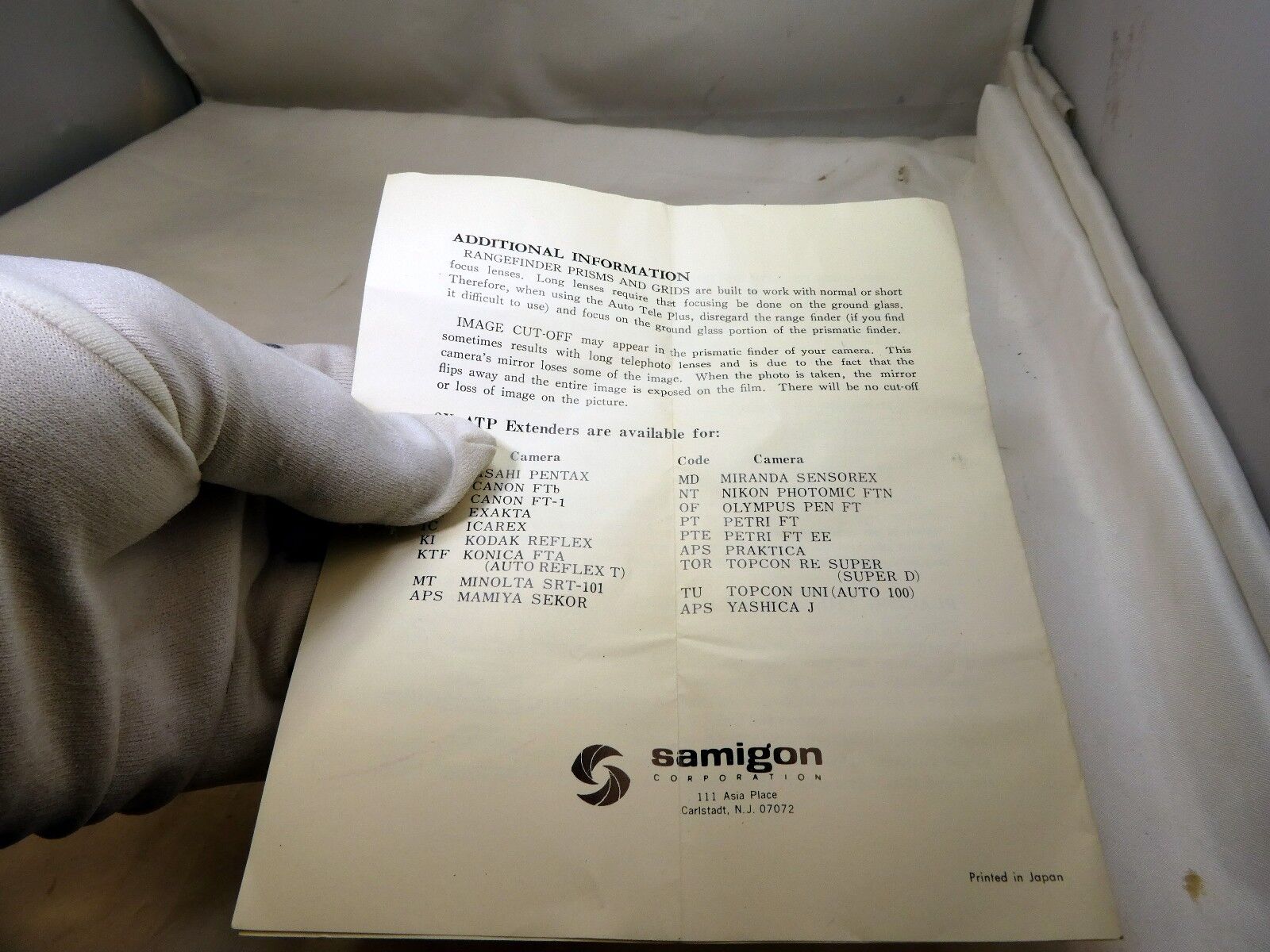 Samigon 2X Tele Lens ATP Extender Instruction  Manual Guide