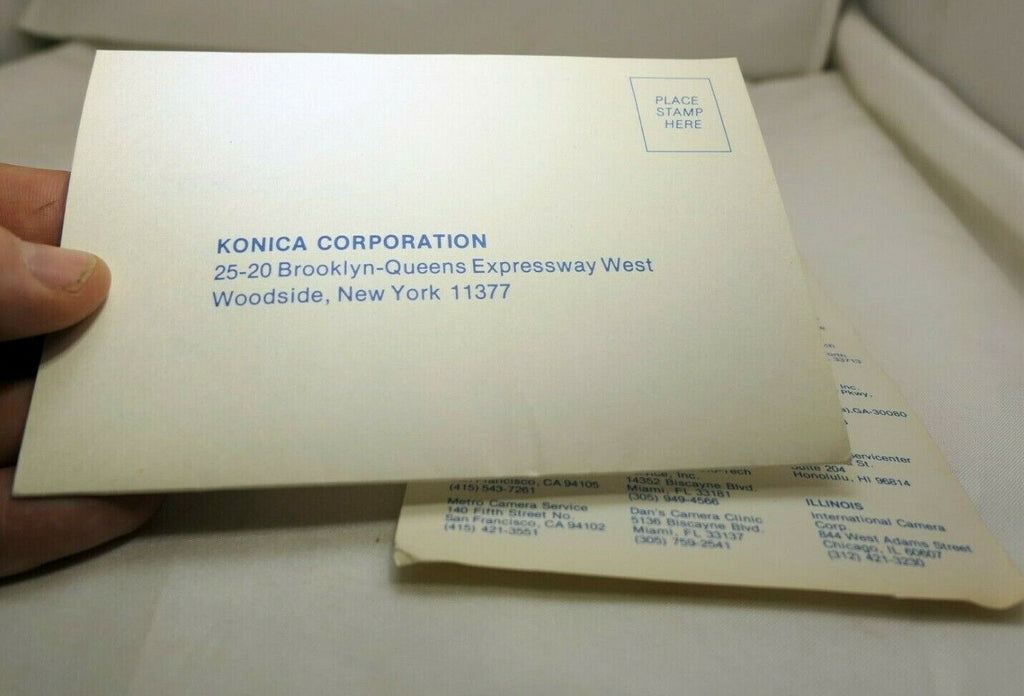 Konica Corporation Factory Service Centers  USA 1980 with owners card for lens