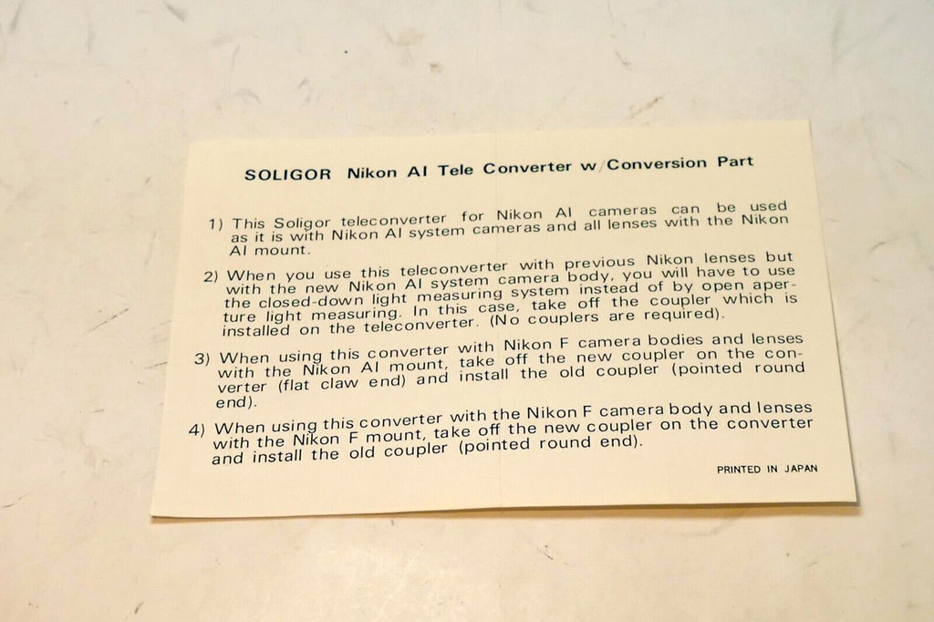 Soligor Ai and F Coupling Guide Brochure for Nikon F mount Teleconverter lens 2X