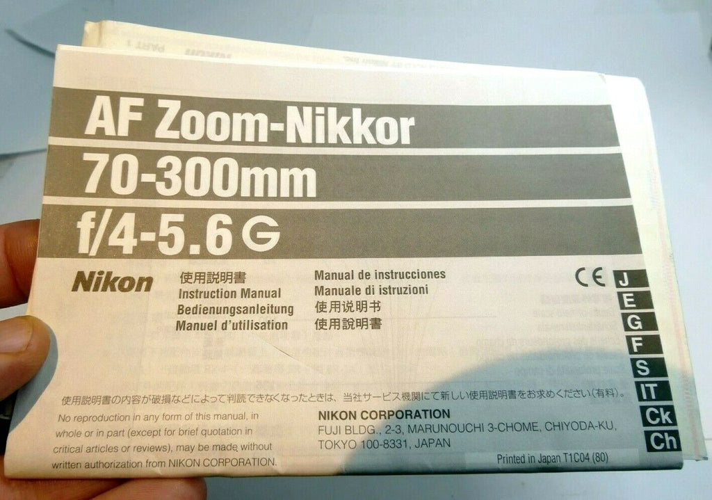 Nikon Nikor 70-300mm f4-5.6 G Lens AF zoom instruction manual  En Jp De Fr Es It