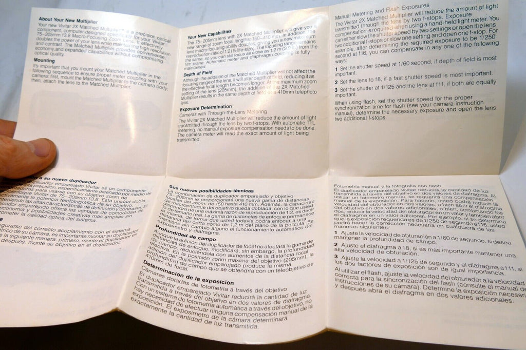 Vivitar 2X multiplier matched to 75-205mm  Instructions  guide manual English EN