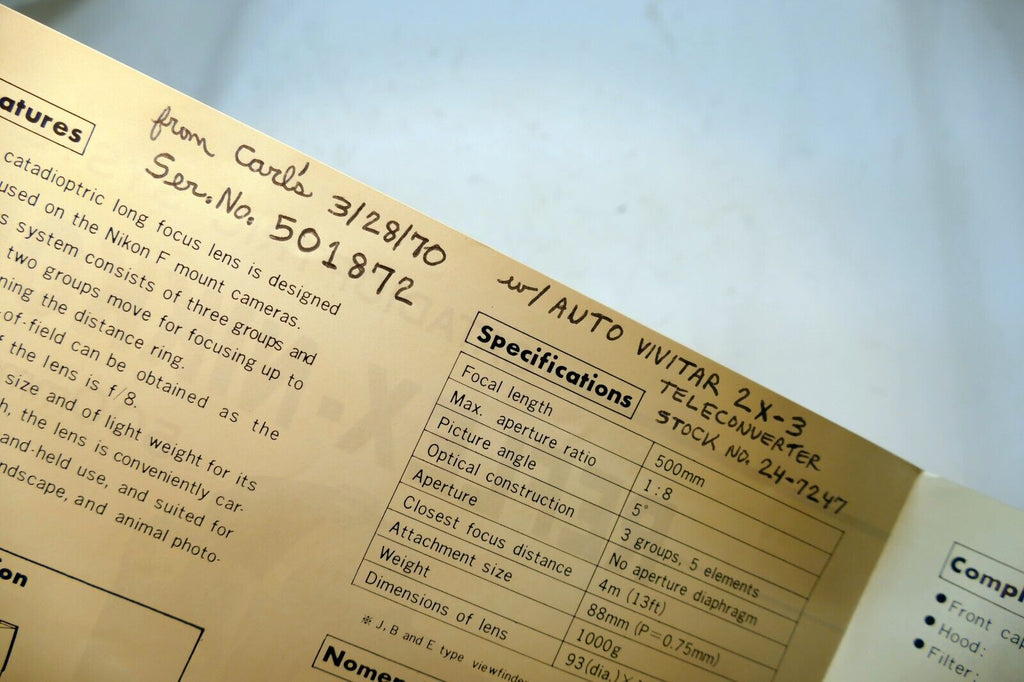 Nikon Reflex-Nikkor 500mm f8 CATADIOPTRIC FLENS Instruction Guide Manual