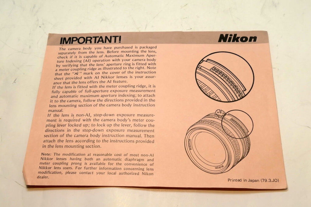 Nikon card for Ai coupling guide  for F camera Non Ai