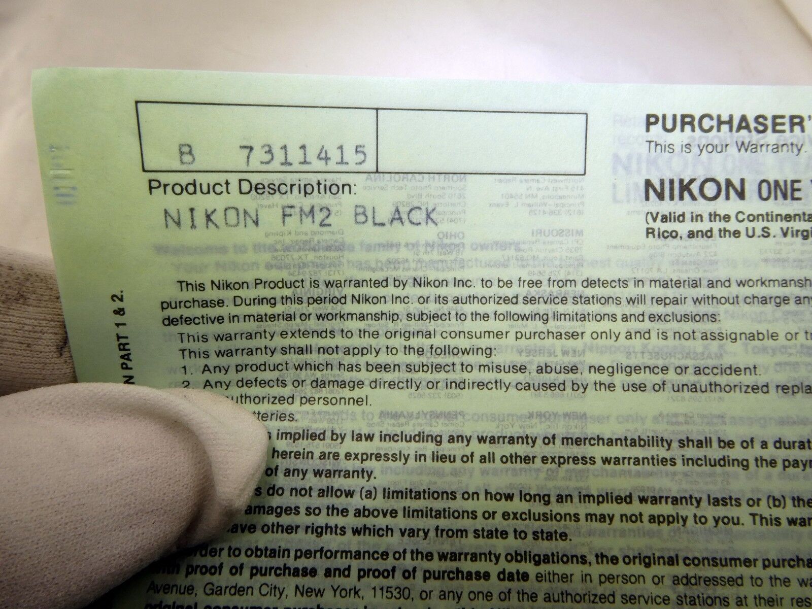 Nikon vintage warranty card (expired) for FM2 Black camera  EN