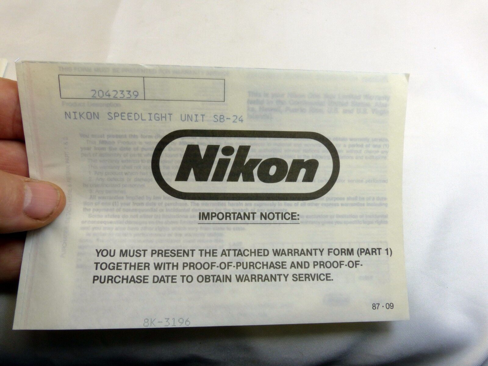 Nikon Speedlight unit SB-24 Flash  warranty card vintage