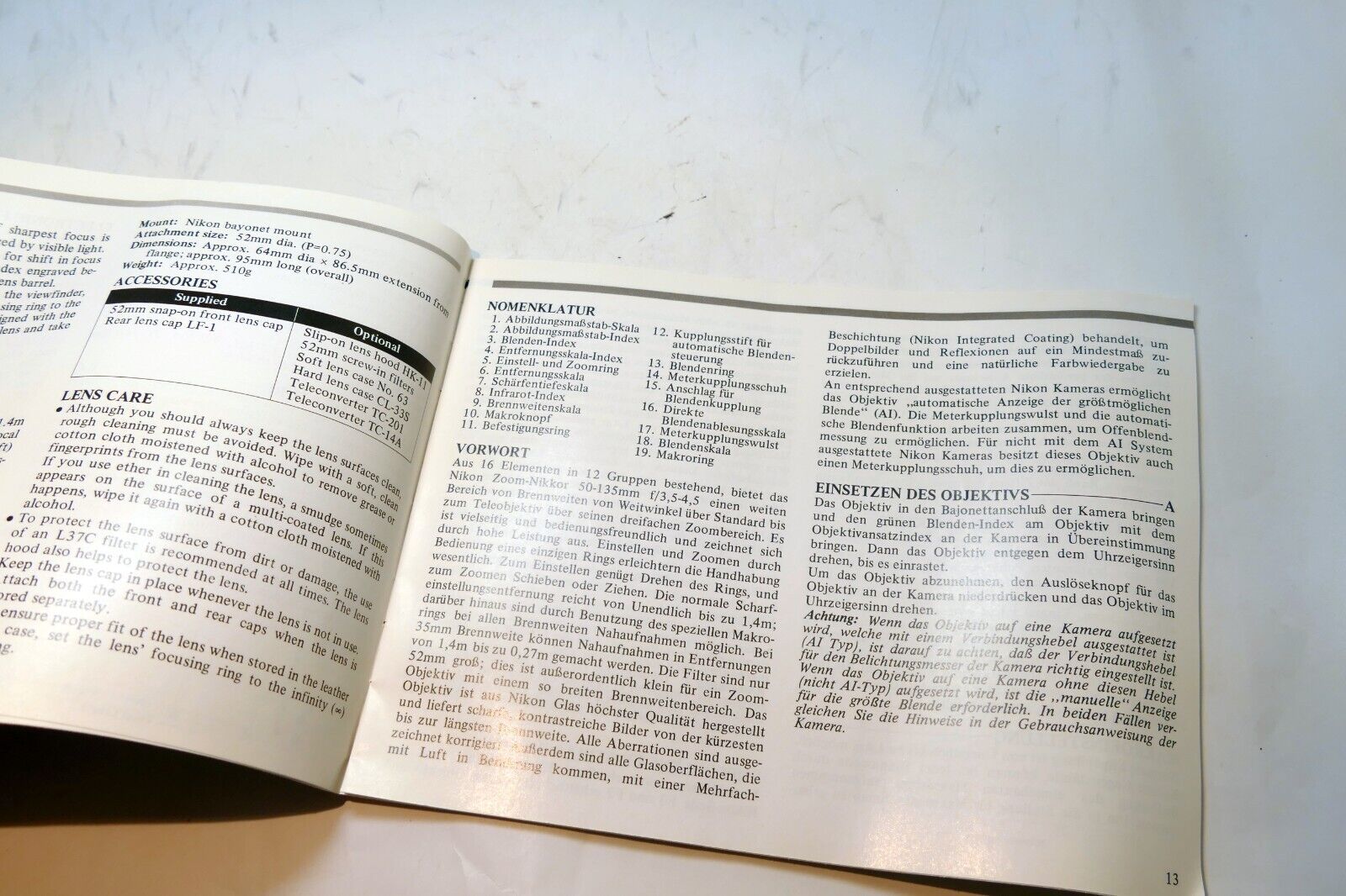 Nikon Zoom Nikkor 35-105mm f3.5-4.5 Ai-s LENS Instruction Guide Manual 1985