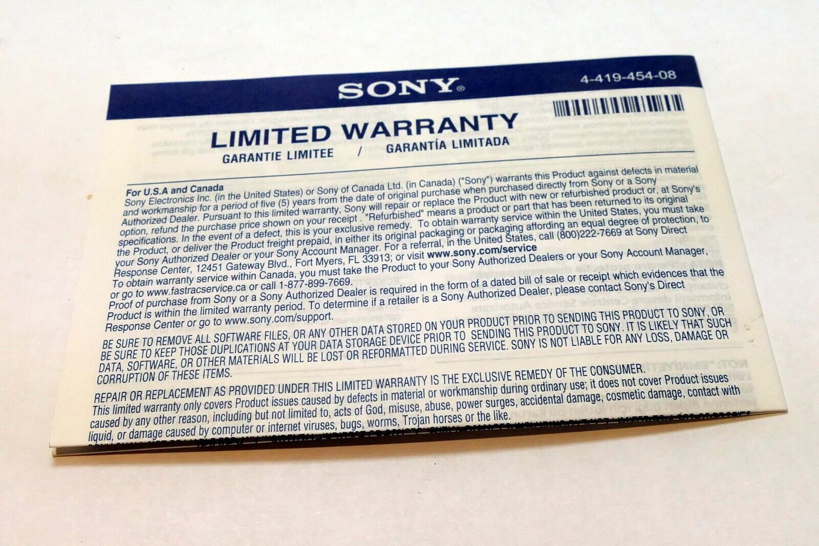 Sony G Series XQD Memory Card reader  warranty card
