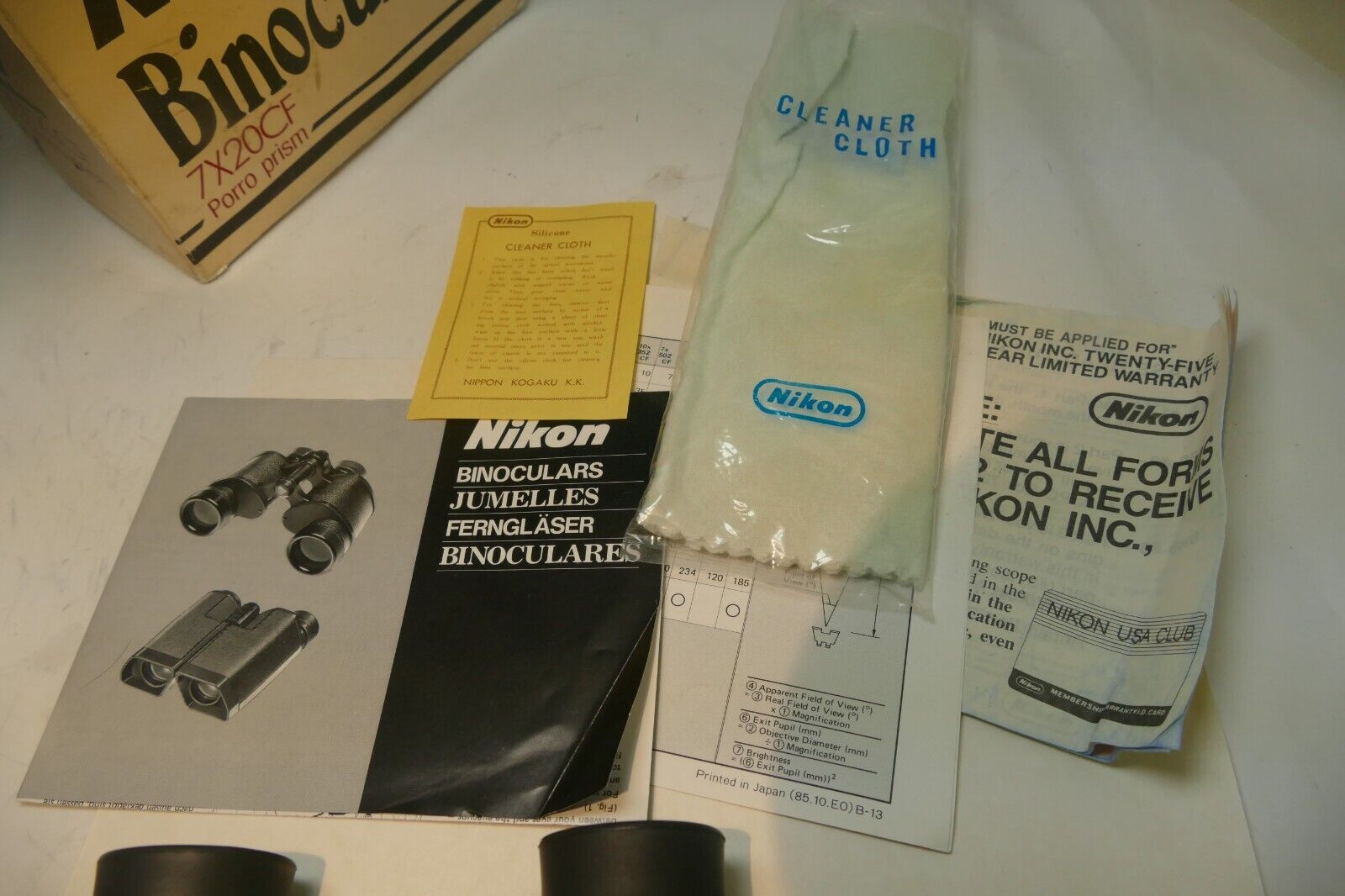 NIKON Porro Prism Binoculars 7X20CF w/ case box, guide Nippon Kogaku Japan