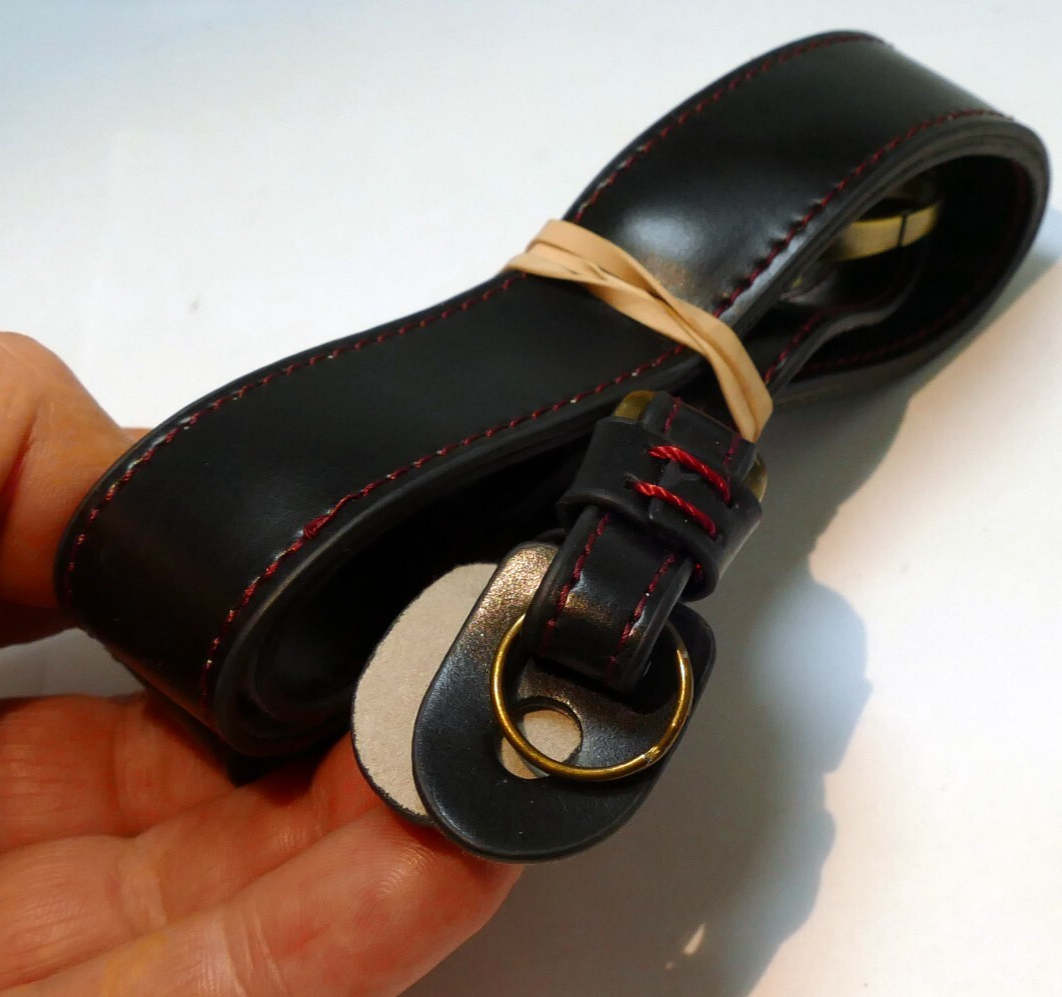 Black Faux Leather Strap  with copper D rings at the end sturdy for  M