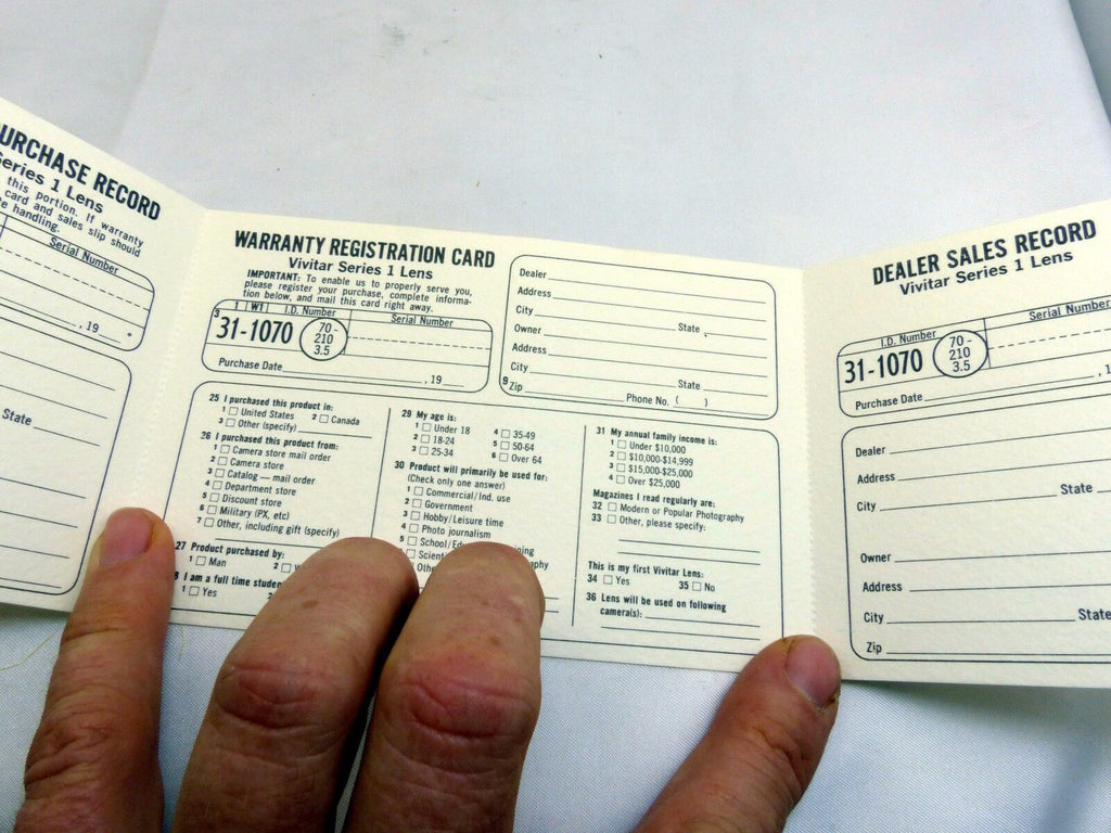 Vivitar series 1 lens Dealers sales record Owner's Purchase record
