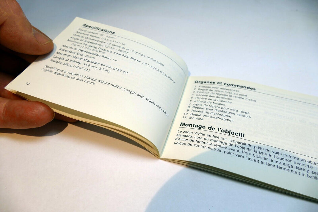 Vivitar 28-85mm f3.5-4.5 macro zoom  lens Instruction Manual Guide  En G F S