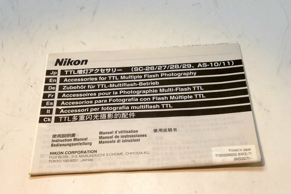 Nikon SC-26 27 28 29 Synch for TTL Flash System  Guide AS-10 11